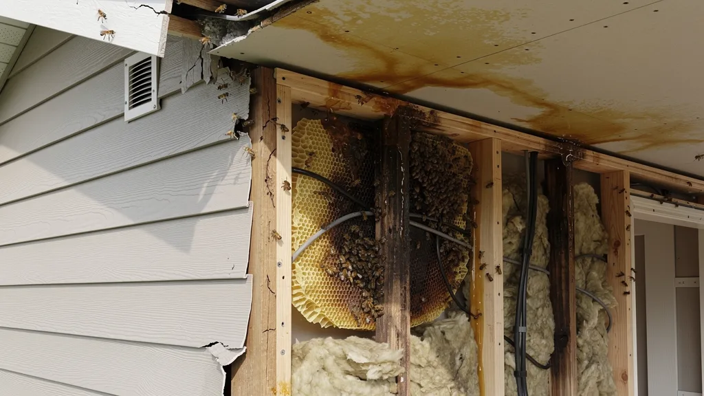 Damage caused by a bee infestation in a wall