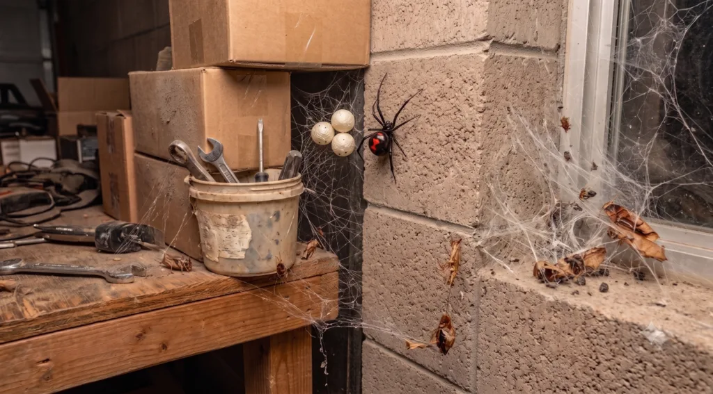 Warning signs of a spider problem around an Arizona home, such as webs and egg sacs