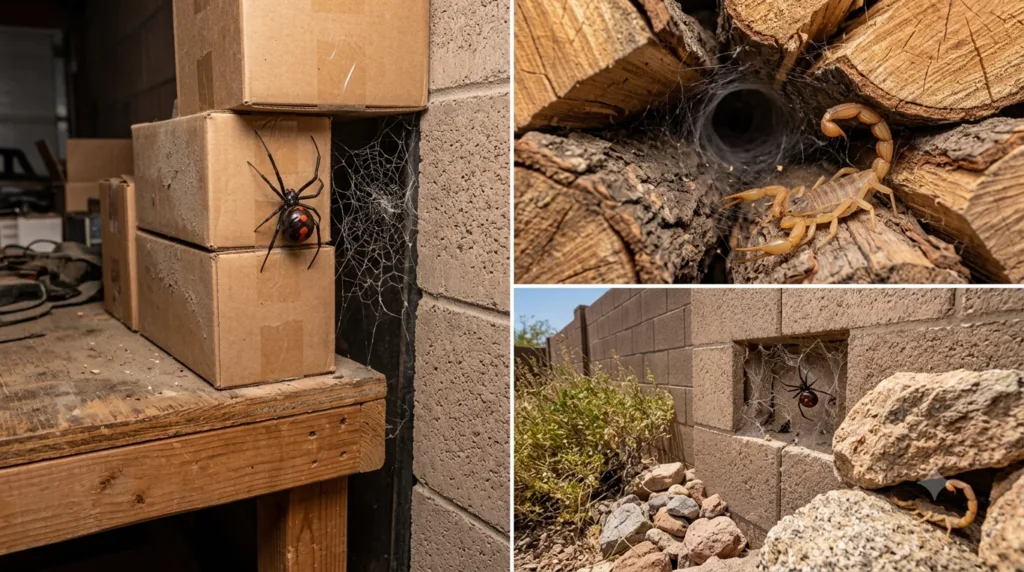 Common hiding spots for venomous spiders around Arizona homes, including garages, sheds, and irrigation boxes