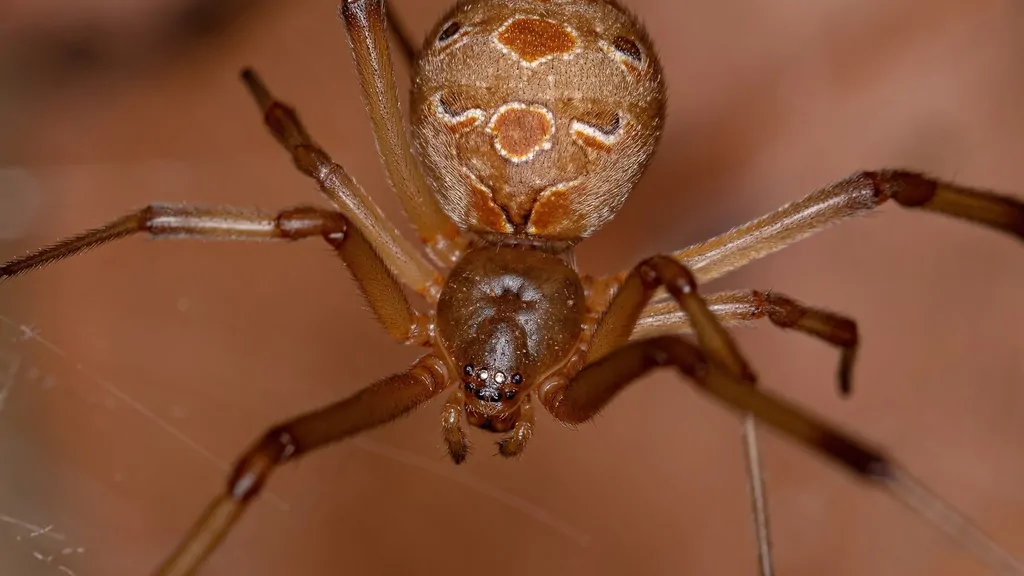 Close-up of a brown widow spider on its web near an Arizona home