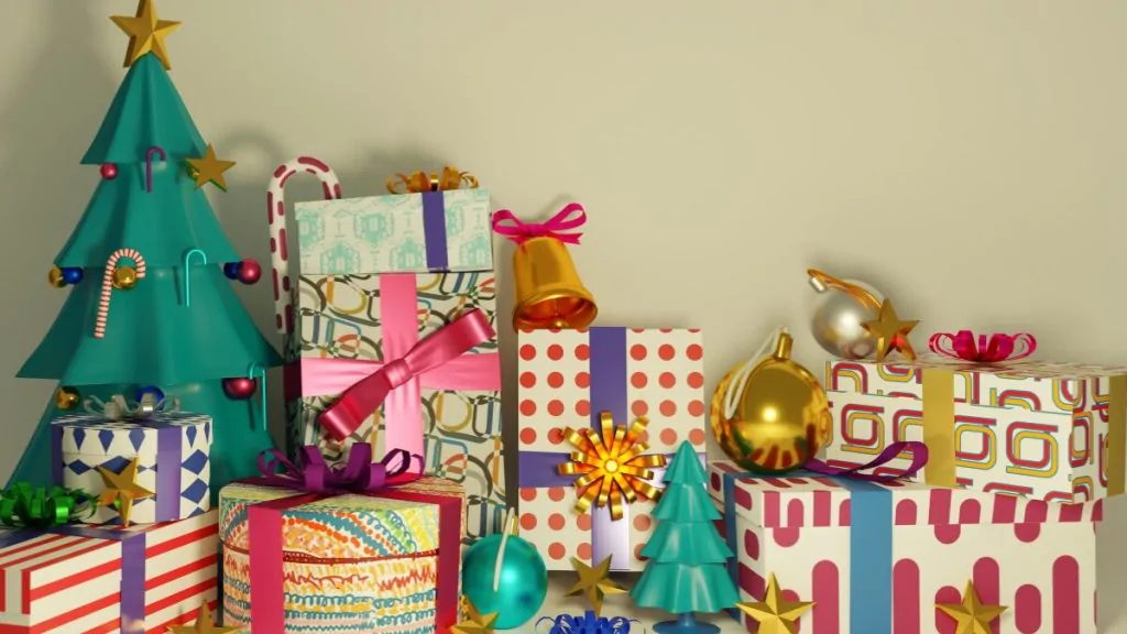 Wrapped gifts and holiday decorations stacked beside a small tree